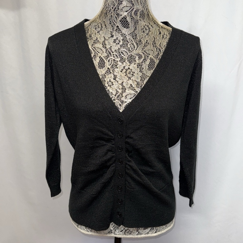 AB Studio L Black Metallic Lurex Ruched Button Front V Neck Cardigan